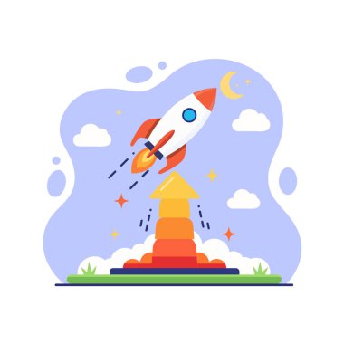 Başarılı başlangıç roket düz tasarım vektör çizimi ve boş durum ui ekran grafiği