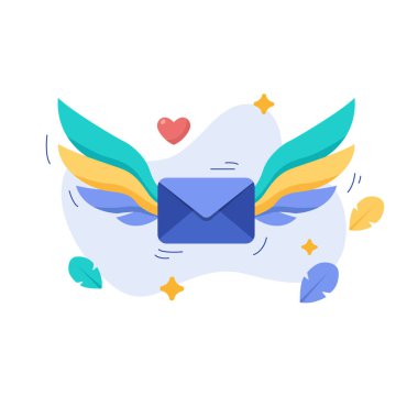 Renkli kanatları ve kalp sembolü olan uçan bir mesaj zarfının düz dizayn vektör illüstrasyonuName