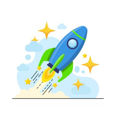 Boş durum ui ekranları ve web sitesi başarı kavramları için dinamik başlangıç roket fırlatma roketi düz tasarım vektör çizimi