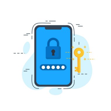 Sayısal Güvenlik Koruma Ekranı Kilitli Asma Kilit ve Altın Anahtarlı Düz Tasarım Vektörü Resmetme Boş Durum ui Ögesi.