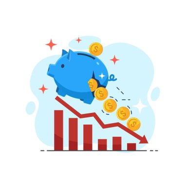 Finansal kriz çizelgesi: Piggy Bank 'ın iniş eğrisi düz tasarım vektörü ui' de madeni para kaybettiğini gösteriyor
