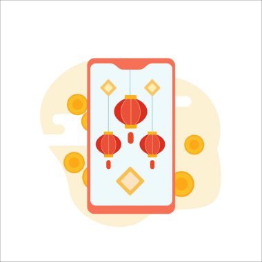 Akıllı telefon ekran düz tasarım vektörü üzerinde şenlikli kırmızı fenerler Online kutlama grafik tasarımı için boş durum ui