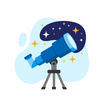 Yıldızlara bakan teleskop kurulumu düz tasarım vektör illüstrasyonu bilim ve uzay keşfi uygulaması için boş durum ui.