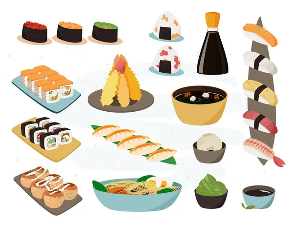 Japán ételgyűjtemény. Vektorkészlet reális illusztrációk.Hagyományos japán ételek. — Stock Vector