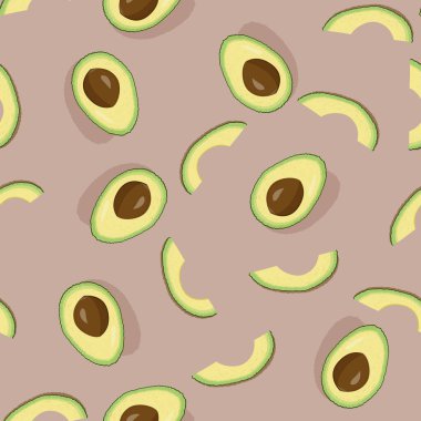 Güzel avokado tekrarlanan pürüzsüz desen, çukurlu bir meyvenin yarısından oluşuyordu. Vektör yemek arkaplanı.