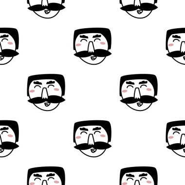 El çizimi karalama tarzı bıyıklı bir adamın yüzü. Moda siyah ve beyaz vektörsüz desen.