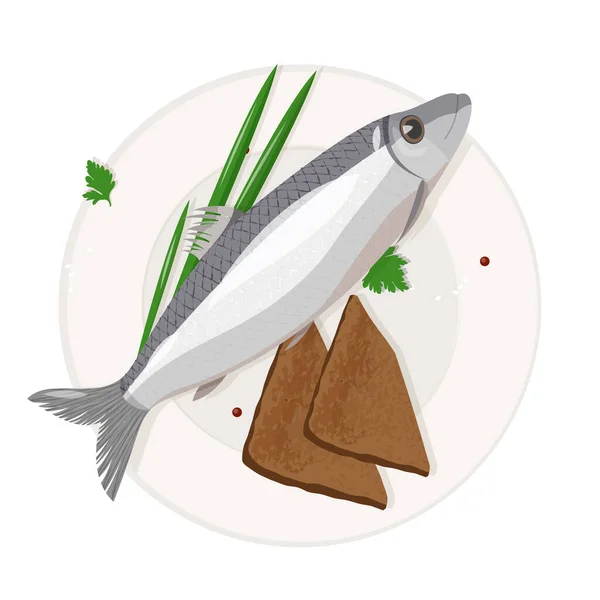 Prepared herring with pieces of bread and onion on the plate. Sea fish dish isolated on white background. — Stock Vector