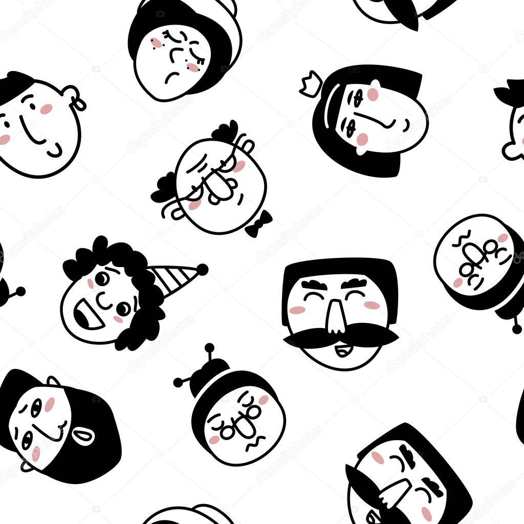 Hand drawn doodle style background human faces. Portraits of various men and women. Trendy black and white vector seamless pattern.