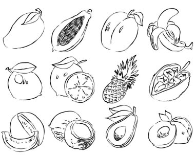 El yapımı tropikal meyve hatlarının minimalist koleksiyonu, egzotik dokuları ve organik şekilleri temiz, sanatsal çizgi-sanat tarzında yakalıyor..