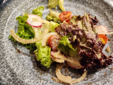 Turp, kiraz domatesli parlak, sağlıklı sebzeler ve dokuma tabaktaki hafif soğan dilimleri. Canlı, taze bir salata. Yemekler, mezeler ve sağlıklı yemekler için mükemmel..