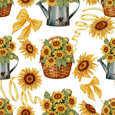 Tertemiz suluboya desenli sepetlerde ayçiçekleri, sulama kutuları, kurdeleler ve fiyonklar. Tekstil, ambalaj, duvar kağıdı ve kırsal dekor için ideal.