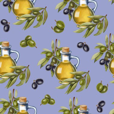 Zeytin yağı şişeleri, yeşil ve siyah zeytinler ve dallarla el yapımı dikişsiz suluboya desenler. Yemek çizimi. Mutfak, yemek ve ambalaj tasarımı için ideal.