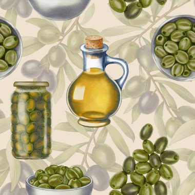 Watercolor seamless pattern with olive oil bottles, bowls with olives, branches and jugs. Food illustration.  Ideal for textile design, packaging, kitchen and restaurant, menu.	