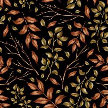 Sonbahar desenleri. Elle boyanmış suluboya, dikişsiz yaprak deseni. Sonbahar hala hayattır. Çocuk çizimi. Kitaplar, ambalajlar, kartlar ve çocuk kıyafetleri için uygun