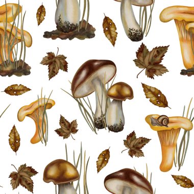 Mantarlı, mantarlı, mantarlı, sonbahar yapraklı ve salyangozlu elle boyanmış sulu boya deseni. Çocuk çizimi. Kitaplar, ambalajlar, kartlar ve çocuk kıyafetleri için uygun