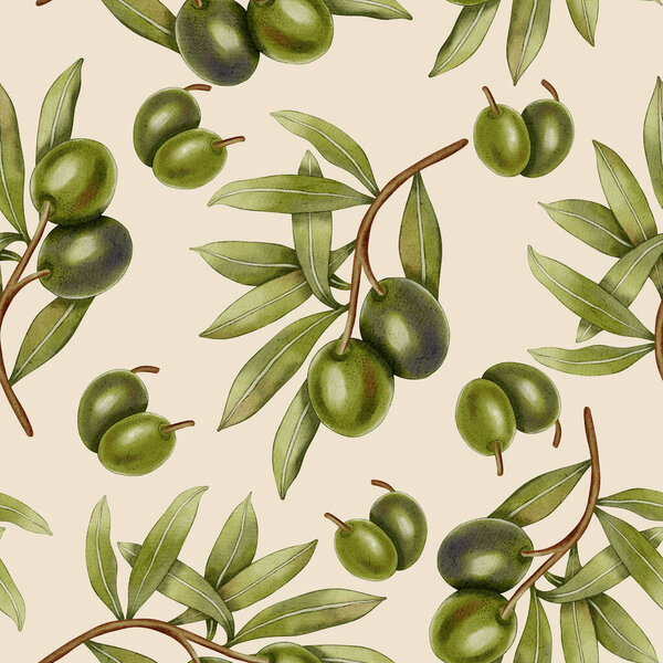 Бесшовный акварельный узор с нарисованными вручную зелеными оливками, оливковыми ветвями и листьями. Продовольственная иллюстрация. Идеально подходит для ткани, упаковки и дизайна.