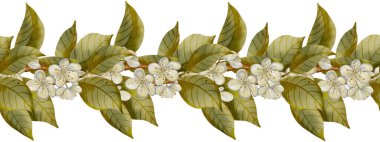 Sulu suluboya uçsuz bucaksız, narin beyaz armut çiçekleri ve yeşil yapraklarla süslenmiş. Düğün kırtasiyesi, kozmetik ambalaj, tekstil ve bahar temalı tasarımlar için mükemmel.