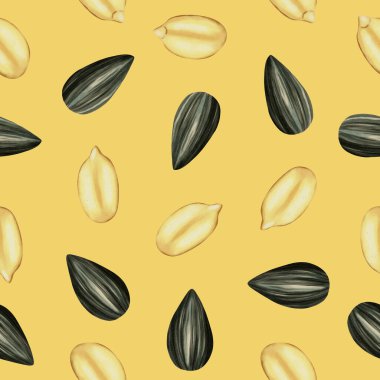 Ayçiçeği tohumu ve tahıllı kusursuz suluboya deseni. Paketleme, tekstil, ambalaj kağıdı ve sağlıklı gıda tasarımı için ideal.