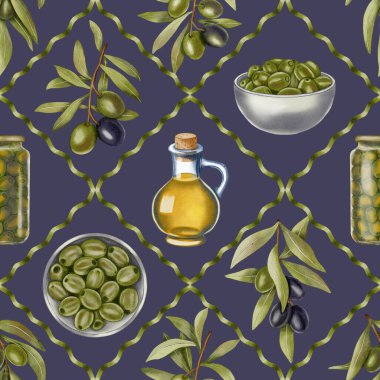 Watercolor seamless pattern with olive oil bottles, bowls with olives, branches and jugs. Food illustration.  Ideal for textile design, packaging, kitchen and restaurant, menu.	
