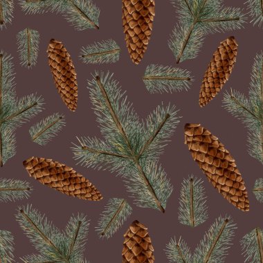 Sıcak kış temalı, çam dalları ve konileri olan dikişsiz desen. Sonbahar deseni. Suluboya. Sonbahar hala hayattır. Çocuk çizimi. Kitaplar, ambalajlar, kartlar ve çocuk kıyafetleri için uygun