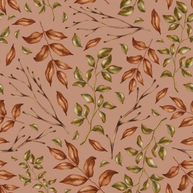 Sonbahar desenleri. Elle boyanmış suluboya, dikişsiz yaprak deseni. Sonbahar hala hayattır. Çocuk çizimi. Kitaplar, ambalajlar, kartlar ve çocuk kıyafetleri için uygun