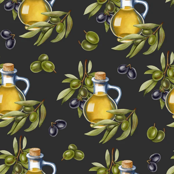 Zeytin yağı şişeleri, yeşil ve siyah zeytinler ve dallarla el yapımı dikişsiz suluboya desenler. Yemek çizimi. Mutfak, yemek ve ambalaj tasarımı için ideal.