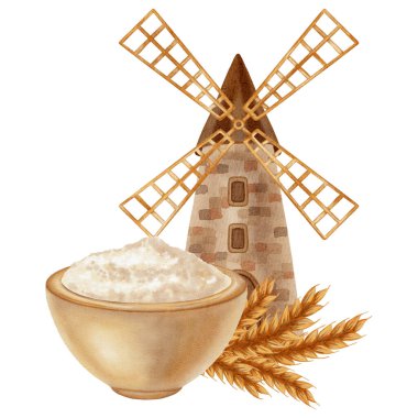 Bir köy değirmeni, çuvallar ve bir kase beyaz buğday unu resmedilmiş suluboya çizimi. Markalaştırma, paketleme ve hasat için idealdir, aynı zamanda fırın, çiftlik ve organik ürünlerin reklamları için de idealdir.