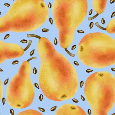 Tertemiz, el yapımı suluboya desenli, olgun sarı armutlar. Paketleme, tekstil, ambalaj kağıdı, duvar kağıdı ve kumaş tasarımları için harika bir seçim..