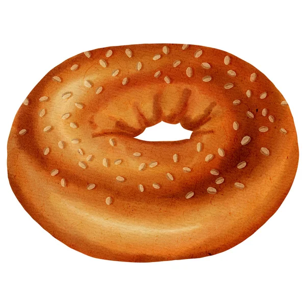 Şekerlemelerle kaplı yuvarlak bir çöreğin suluboya çizimi. Fırın ürünleri. Tatlı menüleri, tatlı ambalajları, hamur işi reklamları ve şekerleme tasarımı için mükemmel..