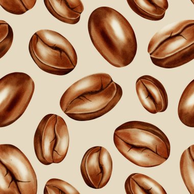 Elle boyanmış fırında kahve çekirdeklerinin kusursuz suluboya deseni. Kahve dükkanı markası, menü tasarımı, ürün ambalajı ve kafe geçmişi için harika..