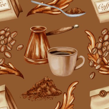 Kusursuz suluboya desenli, fincanlı, kahve çekirdekli ve su sıçramalı. Kahve kalıbı. Paketleme, kafe, menü ve kafe markaları için mükemmel..