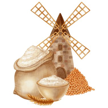 Bir köy değirmeni, çuvallar ve bir kase beyaz buğday unu resmedilmiş suluboya çizimi. Markalaştırma, paketleme ve hasat için idealdir, aynı zamanda fırın, çiftlik ve organik ürünlerin reklamları için de idealdir.