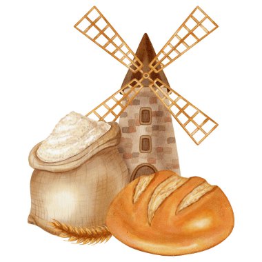 Değirmen, un, ekmek, çörek ve kruvasan içeren suluboya çizimler. Markalaştırma, paketleme ve hasat için idealdir, aynı zamanda fırın, çiftlik, organik ürünler, yemek kitapları, yemek tarifleri gibi reklamlar için idealdir.