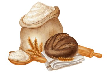 Bir çuval un, bir merdane, bir buğday kulağı ve peçetenin üzerinde bir somun taze ekmek içeren suluboya çizimi. Fırın markalaşması, menü, yemek paketleri, yemek kitapları, tarifler için mükemmel.