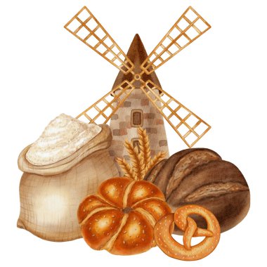 Değirmen, un, ekmek, çörek ve kruvasan içeren suluboya çizimler. Markalaştırma, paketleme ve hasat için idealdir, aynı zamanda fırın, çiftlik, organik ürünler, yemek kitapları, yemek tarifleri gibi reklamlar için idealdir.