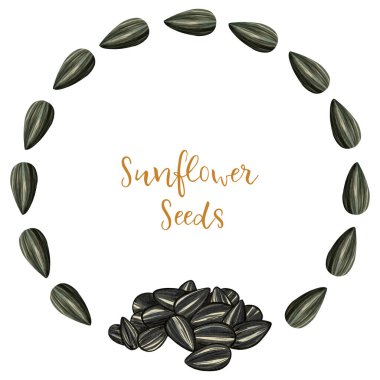 Elle boyanmış ayçiçeği tohumu çelengi. Tohumlar. Davetiyeler, mevsimlik kartlar, düğün süslemeleri ve kırsal dekorlar için mükemmel..