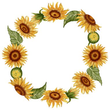 El yapımı suluboya çelenk ayçiçekleri ve yeşil yapraklardan yapılmış. Davetiyeler, mevsimlik tebrik kartları, düğün tasarımı ve kırsal dekorasyon için mükemmel..