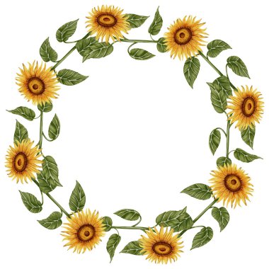 El yapımı suluboya çelenk ayçiçekleri ve yeşil yapraklardan yapılmış. Davetiyeler, mevsimlik tebrik kartları, düğün tasarımı ve kırsal dekorasyon için mükemmel..