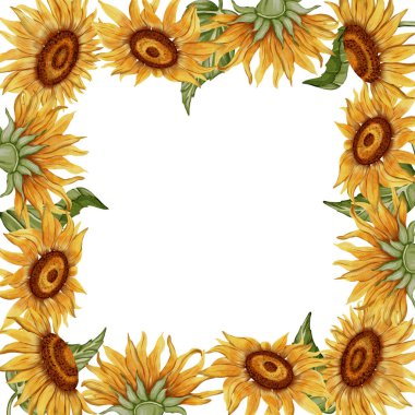 El yapımı suluboya ayçiçeği çerçevesi. Davetiyeler, mevsimlik tebrik kartları, düğün tasarımları ve kırsal dekorlar için mükemmel. Menüler ve ambalaj tasarımları için uygun.