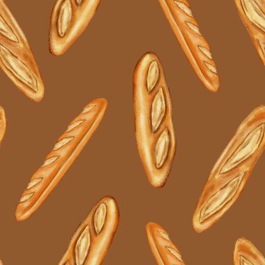 Kusursuz suluboya ekmek deseni. Beyaz Fransız ekmeği. Fırınlar, kafeler, ambalajlar, menüler, gıda markaları ve ambalajlar için mükemmel. Elle çizilmiş fırınlanmış mallar.
