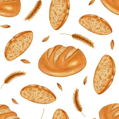 Buğday ve tahıllı kusursuz suluboya ekmek deseni. Beyaz buğday ekmeği. Fırınlar, kafeler, ambalajlar, menüler, gıda markaları ve ambalajlar için mükemmel. Elle çizilmiş fırınlanmış mallar.