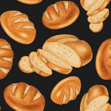 Buğday ve tahıllı kusursuz suluboya ekmek deseni. Beyaz buğday ekmeği. Fırınlar, kafeler, ambalajlar, menüler, gıda markaları ve ambalajlar için mükemmel. Elle çizilmiş fırınlanmış mallar.