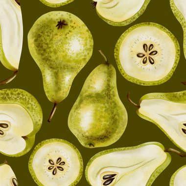 Elle boyanmış suluboya, armut dilimleri, yarımlar ve tüm meyvelerle kusursuz desen. Gıda ambalajı, tekstil, menü geçmişi ve modern tasarım için ideal
