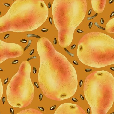 Tertemiz, el yapımı suluboya desenli, olgun sarı armutlar. Paketleme, tekstil, ambalaj kağıdı, duvar kağıdı ve kumaş tasarımları için harika bir seçim..