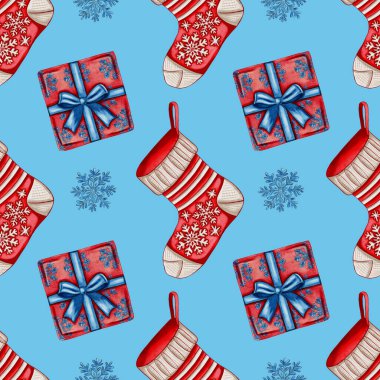 Noel hediyeleri ve Noel çoraplarıyla suluboya desenli. Davetiyeler, tebrik kartları, baskı, tekstil tasarımı, hediyeler, hatıra defterleri, ambalaj kağıtları. Noel zamanı. Yeni Yıl. Hediye kutusu.