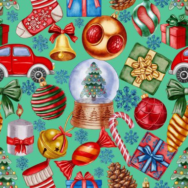 Noel ağacı oyuncakları, kar küresi ve köknar dallarıyla Noel ve Yeni Yıl deseni. Ambalaj kağıtları ve kartlar için arka plan. Yeni yıl. Noel zamanı. Suluboya. İçinde Noel ağacı olan kar küresi