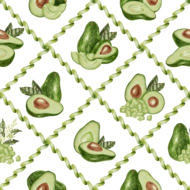 Elle çizilmiş avokado kompozisyonlarını içeren kusursuz suluboya desenler, yapraklar, çiçekler. Perakende, ambalaj, menüler, markalaşma, tekstil, ambalaj kağıdı, yemek kitapları için mükemmel.