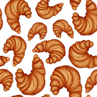 Elle çizilmiş kruvasanlarla suluboya desenli. Fırınlar, kafeler, ambalajlama, markalaşma, menü tasarımı, yemek kitapları ve tarifler için mükemmel. Tatlı. Pişmiş mallar.