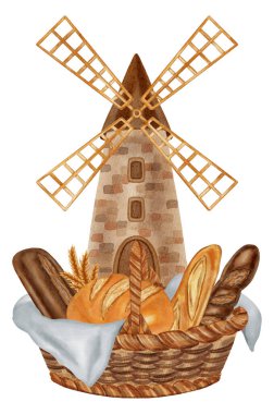 Suluboya İllüstrasyon: sepet içinde çeşitli ekmek, bir köy değirmeni ve bir çuval un. Kapsamlı fırın ve tahıl işleme markaları, menü, yemek paketleri, yemek kitapları, tarifler için mükemmel.