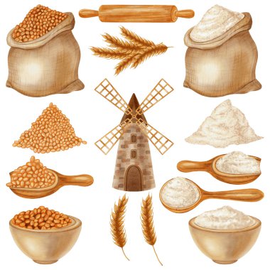 Suluboya resimleme seti: çuval, kaşık ve kase içinde un, artı değirmen, buğday kulakları, ve merdane, tahıl, buğday. Fırın markalaşması, menü, yemek paketleri, yemek kitapları, tarifler için mükemmel.